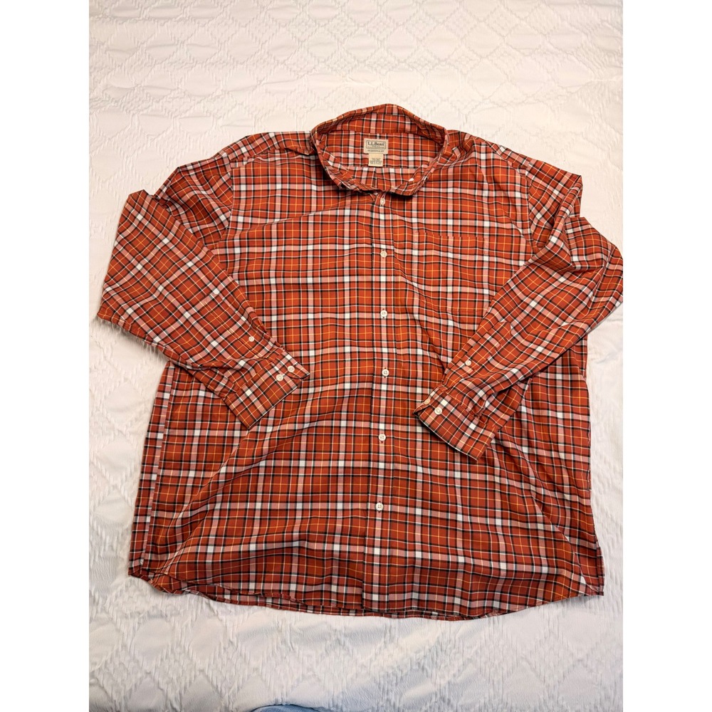 LL Bean Mens XXL Traditional Fit Plaid Button Down Shirt Orange Cotton